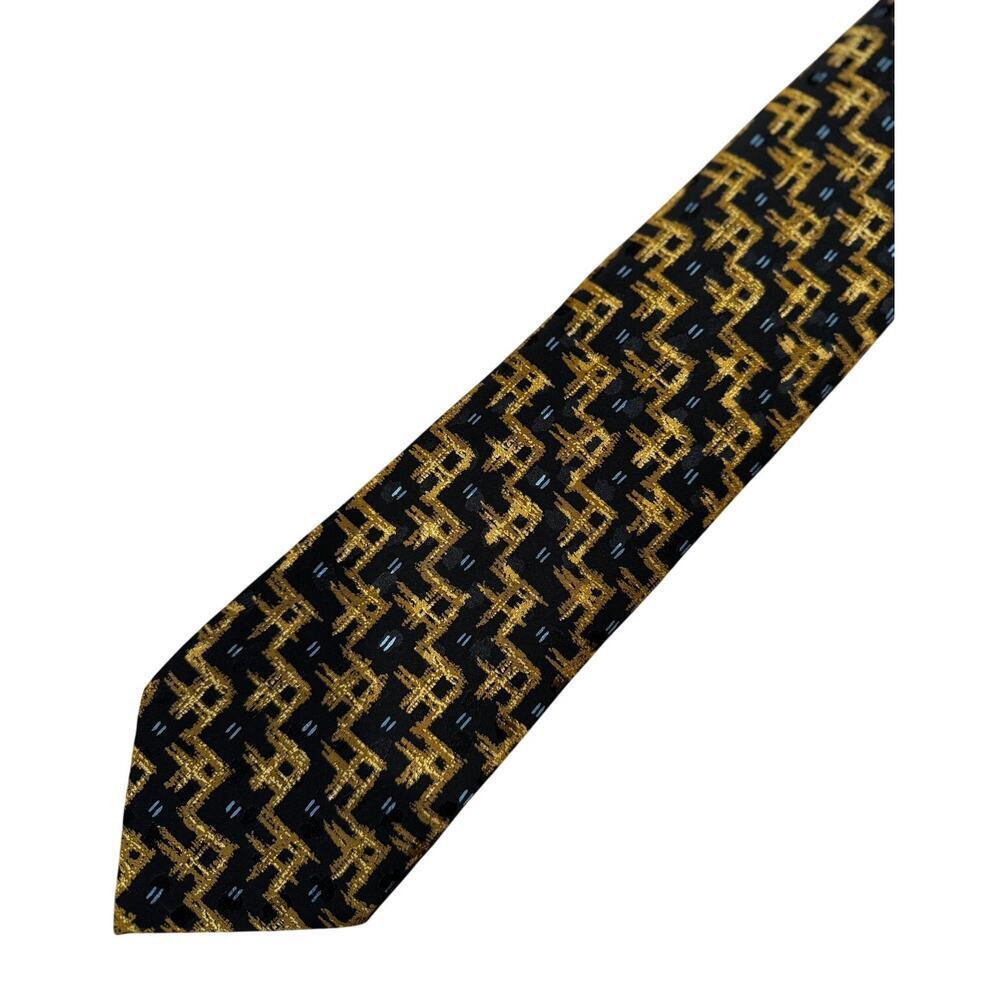 Vintage Brioni Roma 100% Silk Geometric Print Tie Black Gold Blue 3.75” Wide